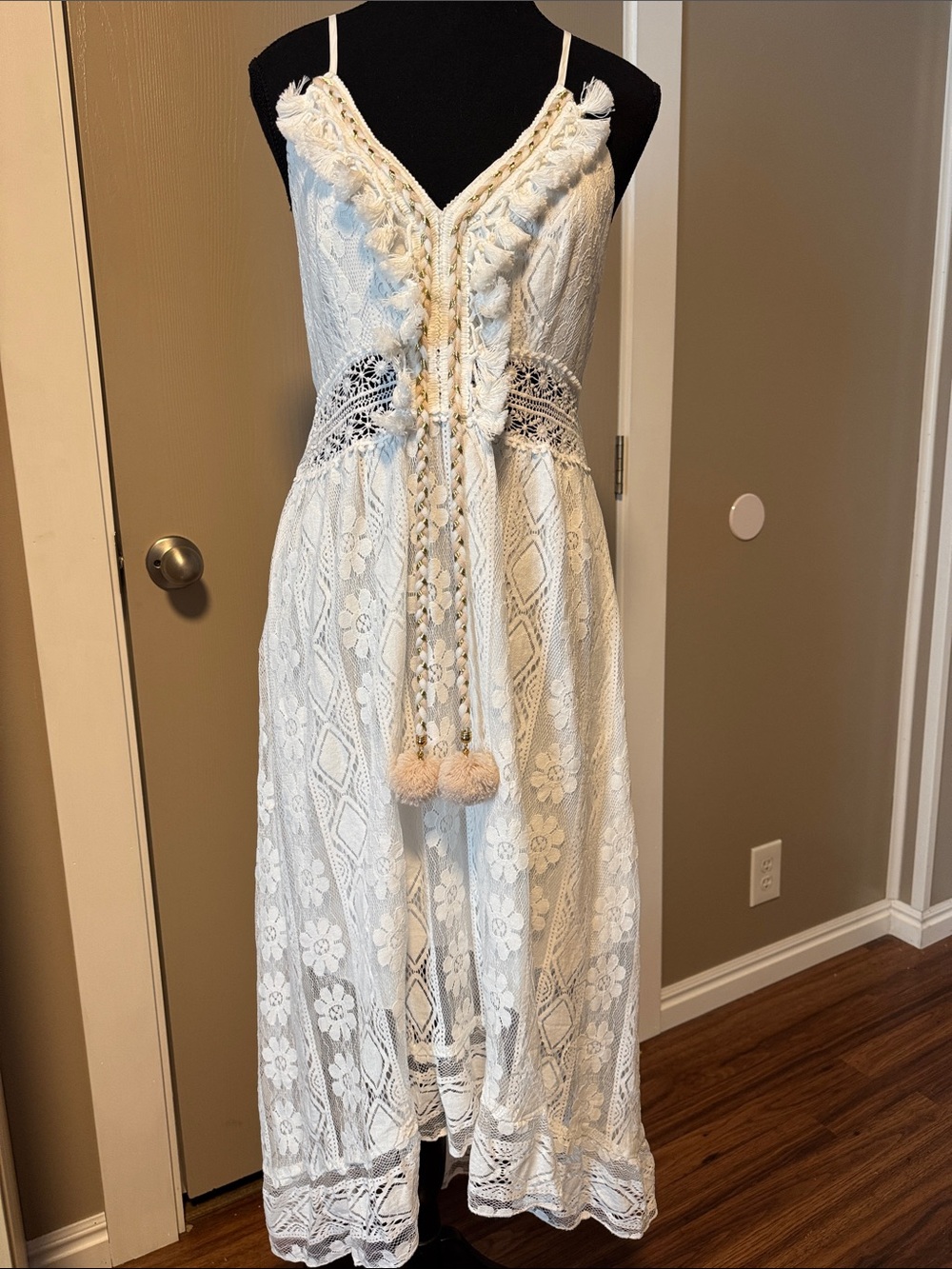Cupshe White Crochet Lace Maxi Dress with Pom Tassels